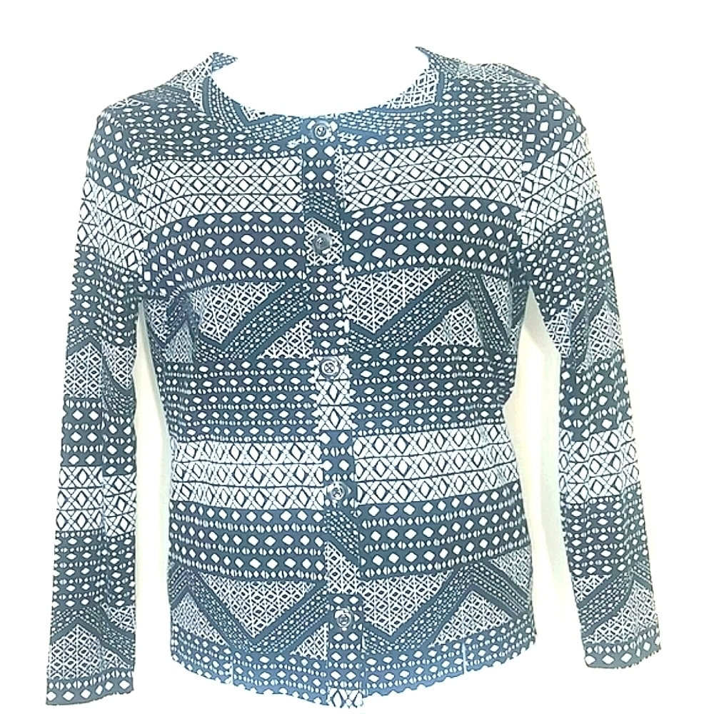 T shirt top button down long sleeve black white stripe geometric print Smell
